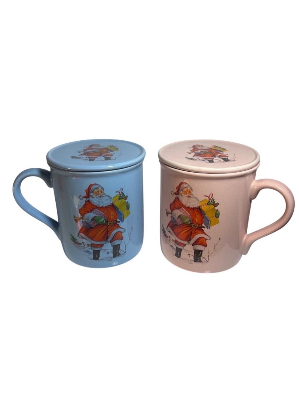 2 Ceramic Santa Themed Mugs With Matching Lids Blue & Pink Christmas Lot of 2